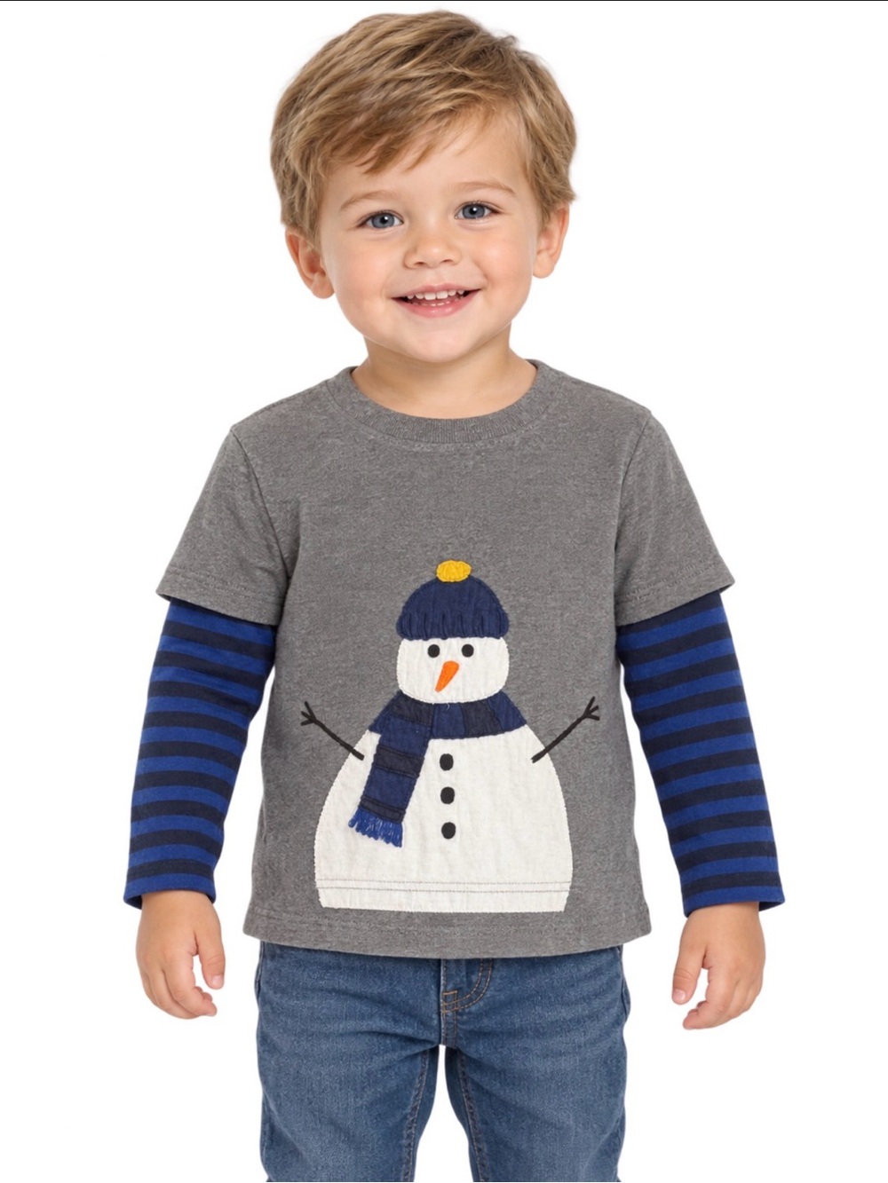 Mini Boden Grey Tee with Blue Striped Long Sleeves and Snowman